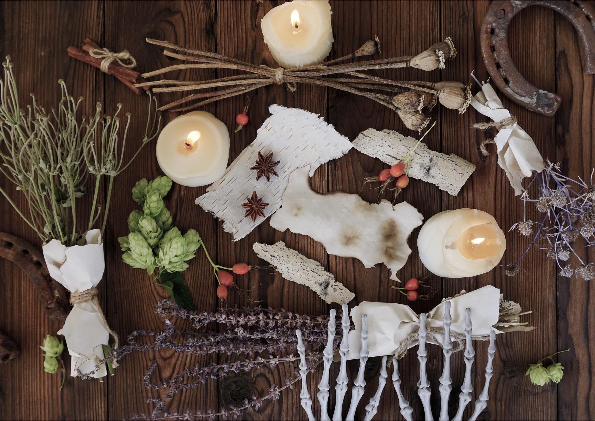 The witch performs a ritual with medicinal herbs and candles